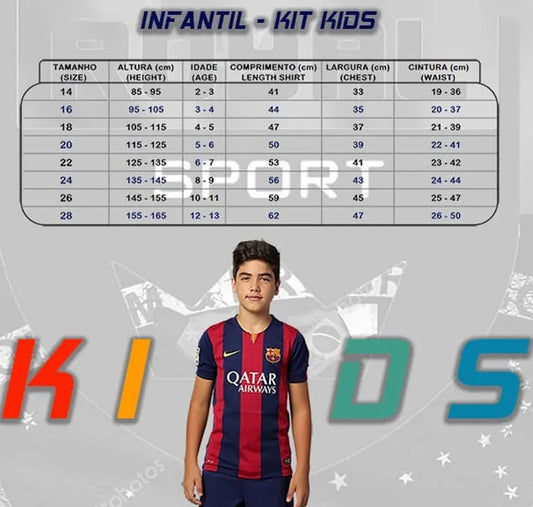 The image is a collage of various images, including a young boy wearing a Barcelona FC jersey, a height chart, and a list of measurements for different age groups.