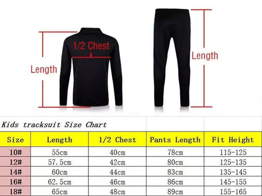 A kids tracksuit size chart with measurements for chest, length, and fit height. The chart provides size numbers and corresponding measurements for different chest sizes and pant lengths, allowing for a better understanding of the suit's fit and dimensions.