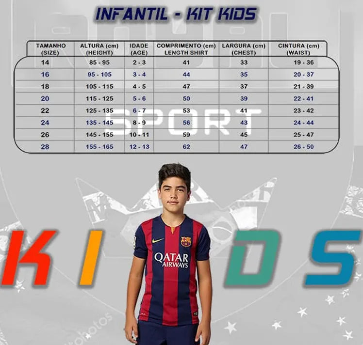 The image is a collage of various images, including a young boy wearing a Barcelona FC jersey, a height chart, and a list of measurements for different age groups.