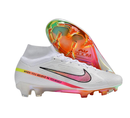 Nike Air Zoom Mercurial Superfly 9 Elite FG Firm Ground Soccer Cleats - White/Pink/Black/Yellow/Gold